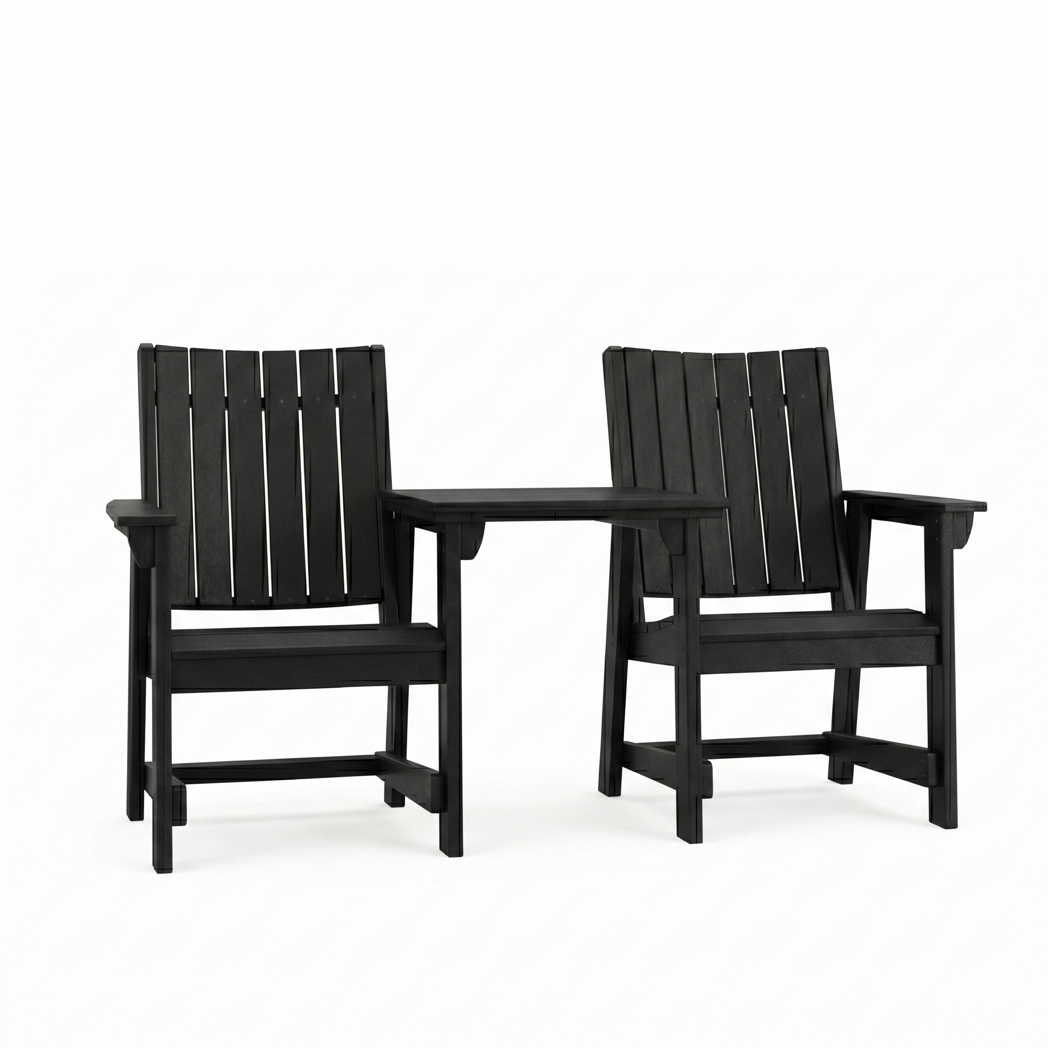 Two SoPoly Callaway Dining Chairs with Connector Table attached on the armrests on a white backround