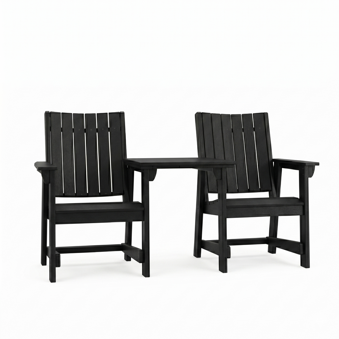 Two SoPoly Callaway Dining Chairs with Connector Table attached on the armrests on a white backround