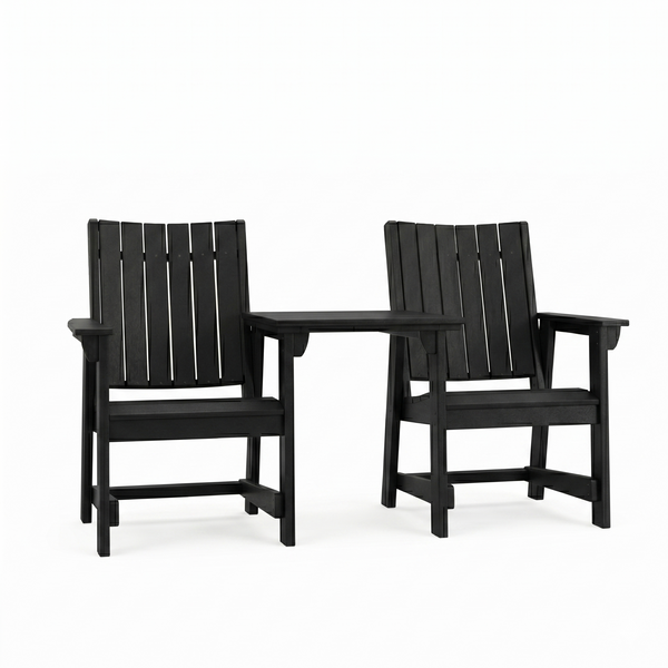 Two SoPoly Callaway Dining Chairs with Connector Table attached on the armrests on a white backround