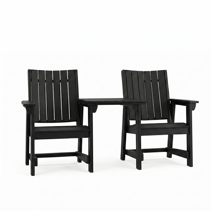 Two SoPoly Callaway Dining Chairs with Connector Table attached on the armrests on a white backround