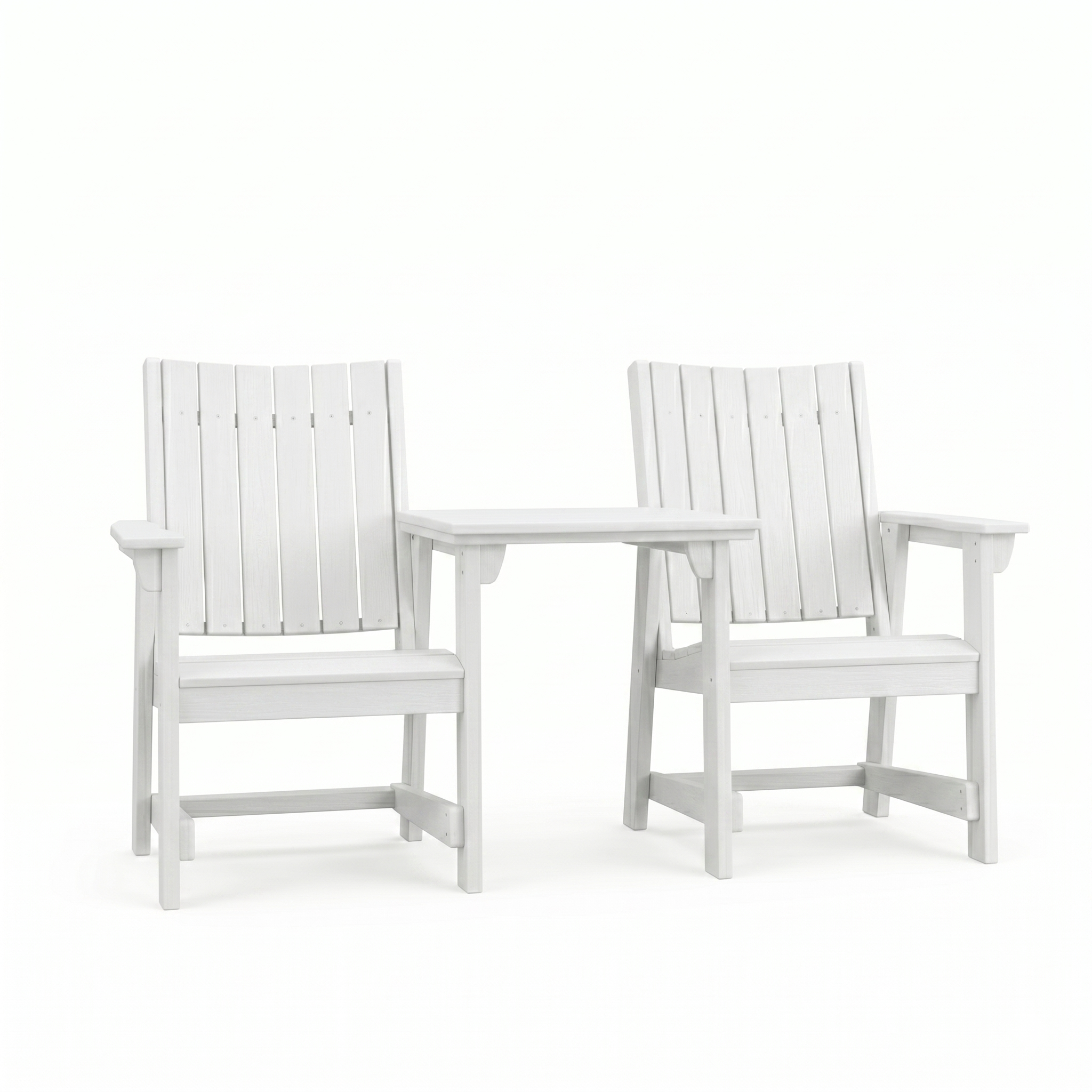 Two SoPoly Destin White callaway dining chairs with a connector table attached to armrests on a white background