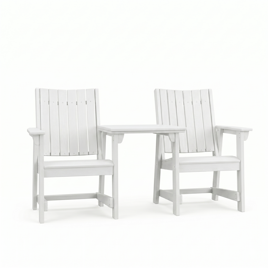 Two SoPoly Destin White callaway dining chairs with a connector table attached to armrests on a white background