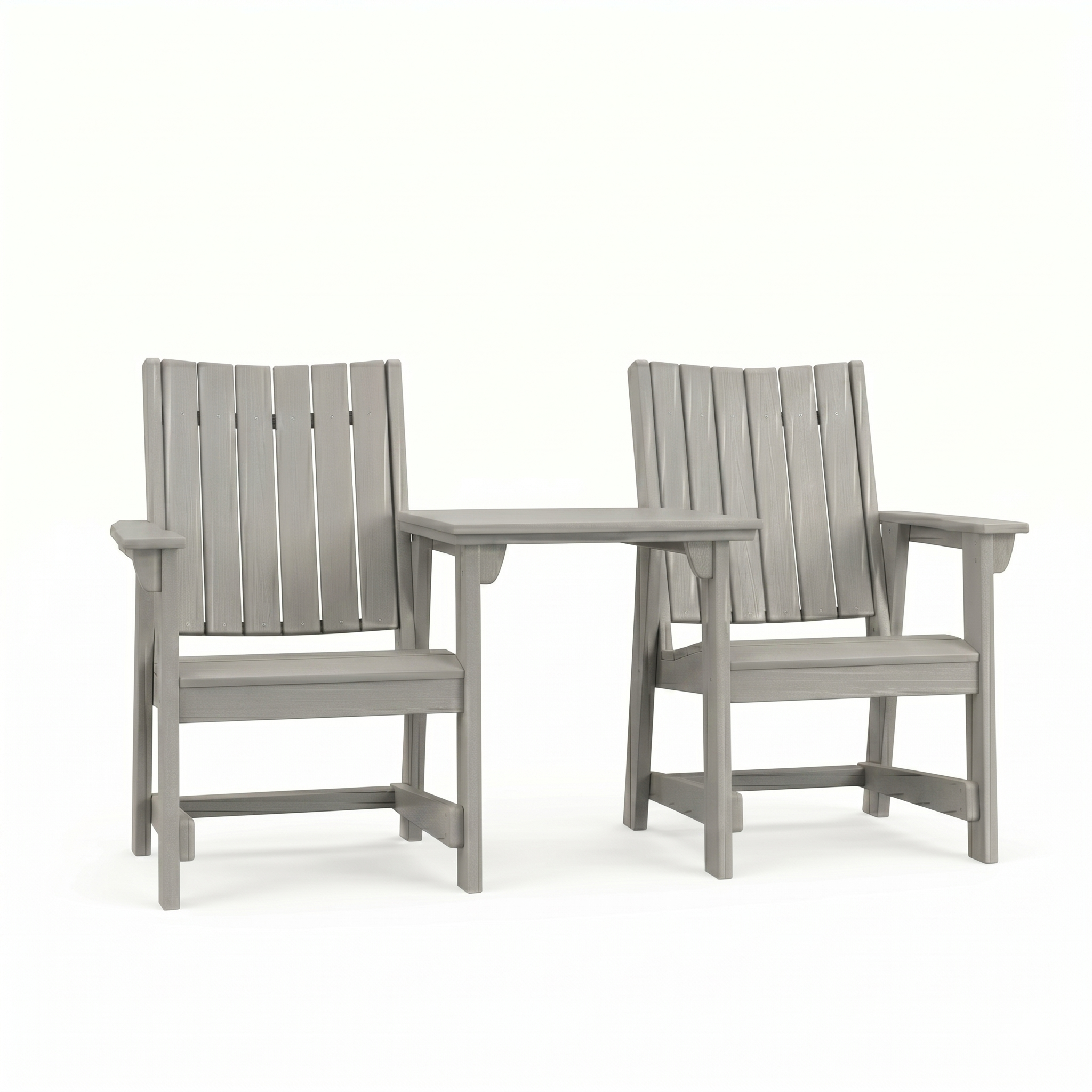 Two SoPoly Heron Grey callaway dining chairs with a connector table attached on the armrests on a white background