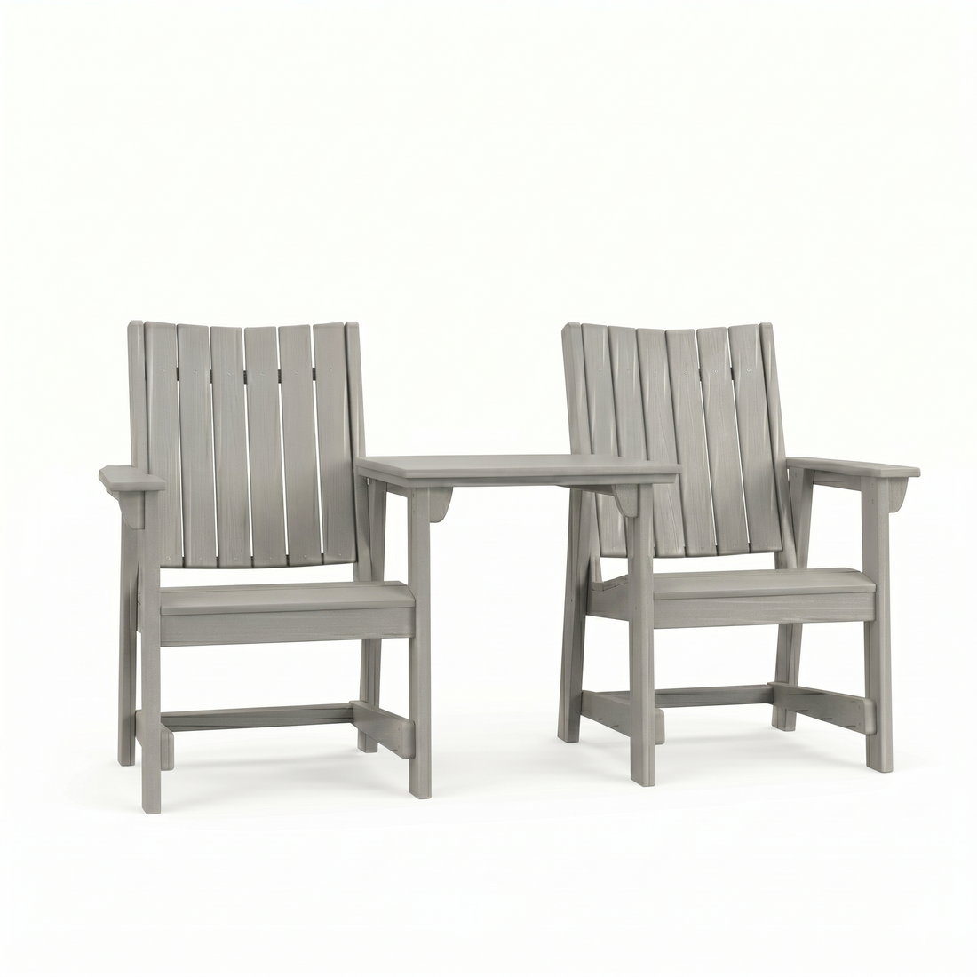 Two SoPoly Heron Grey callaway dining chairs with a connector table attached on the armrests on a white background