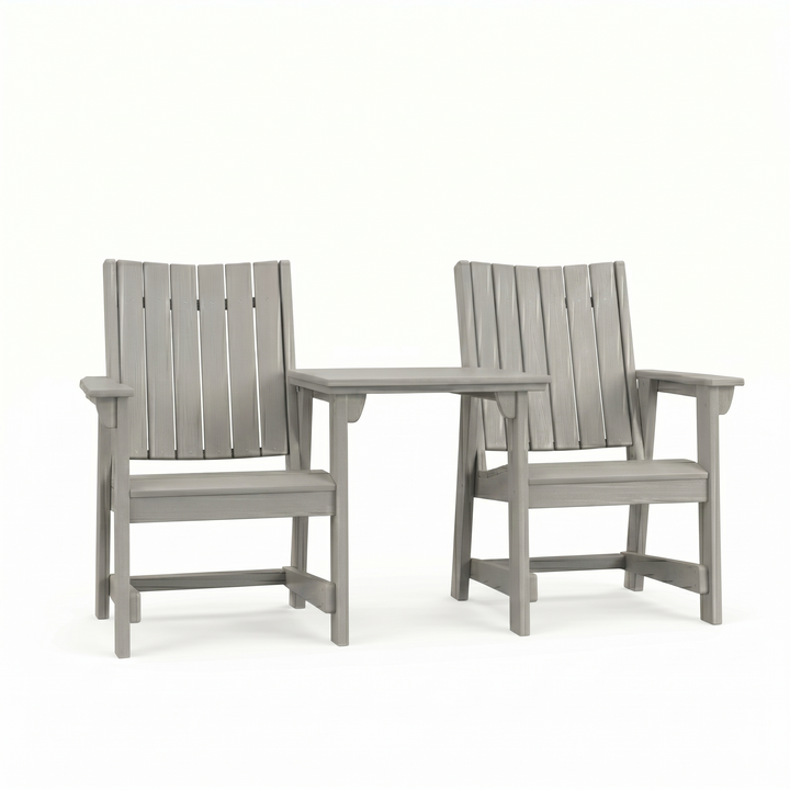 Two SoPoly Heron Grey callaway dining chairs with a connector table attached on the armrests on a white background