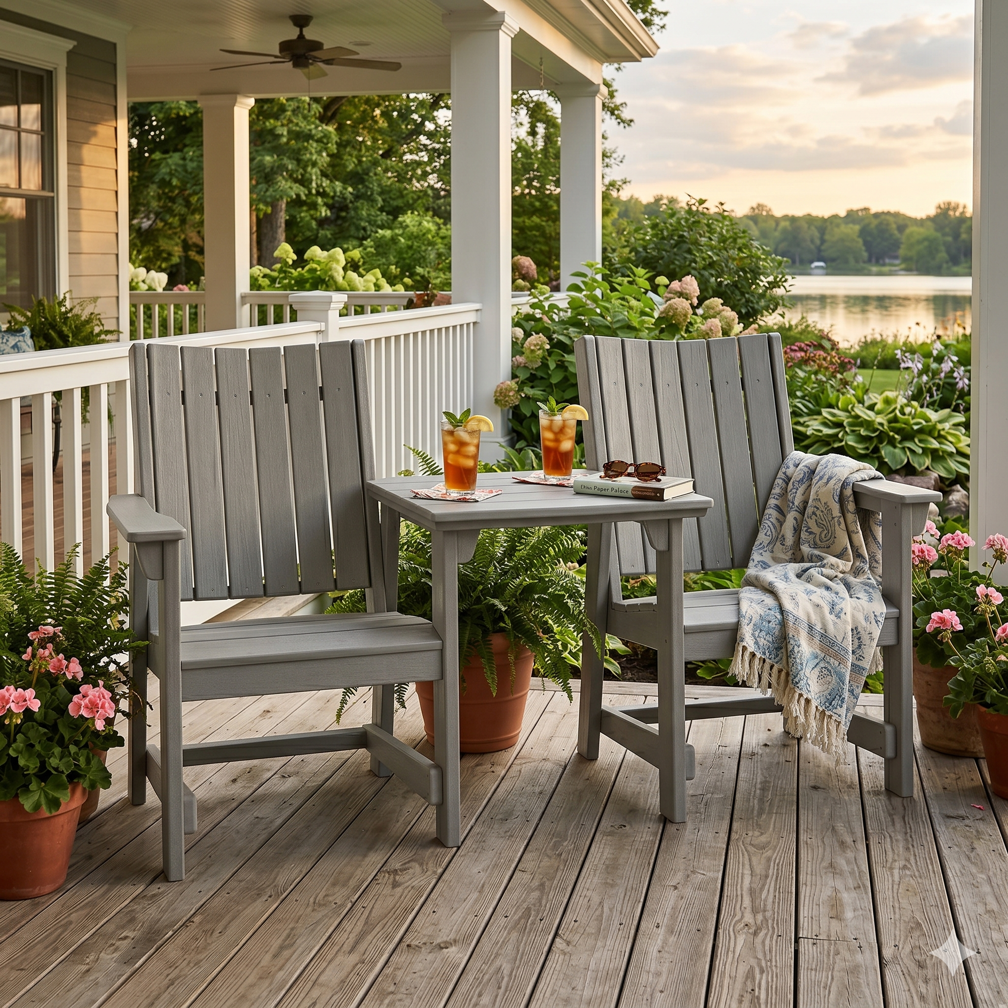 Two SoPoly Heron Grey callaway dining chairs with connector table on an outdoor patio in the afternoon