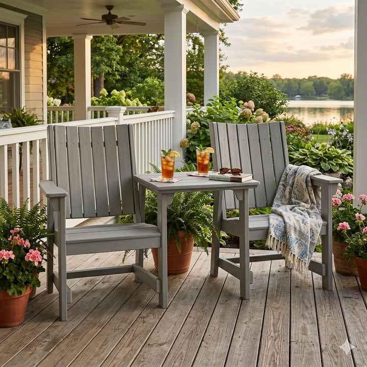 Two SoPoly Heron Grey callaway dining chairs with connector table on an outdoor patio in the afternoon