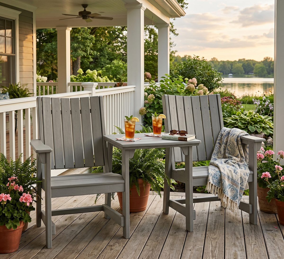 Two gray Poly HDPE chairs with a small table on a porch overlooking a lake.