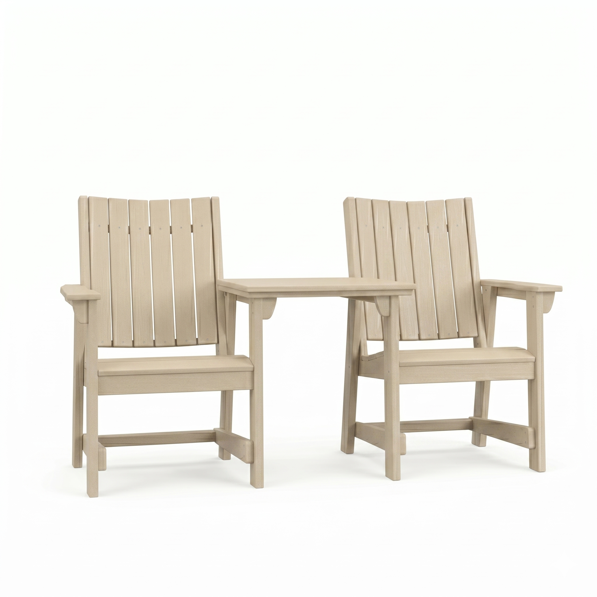 Two SoPoly Tybee Sand callaway dining chairs with a connector table attached on the armrests on a white background