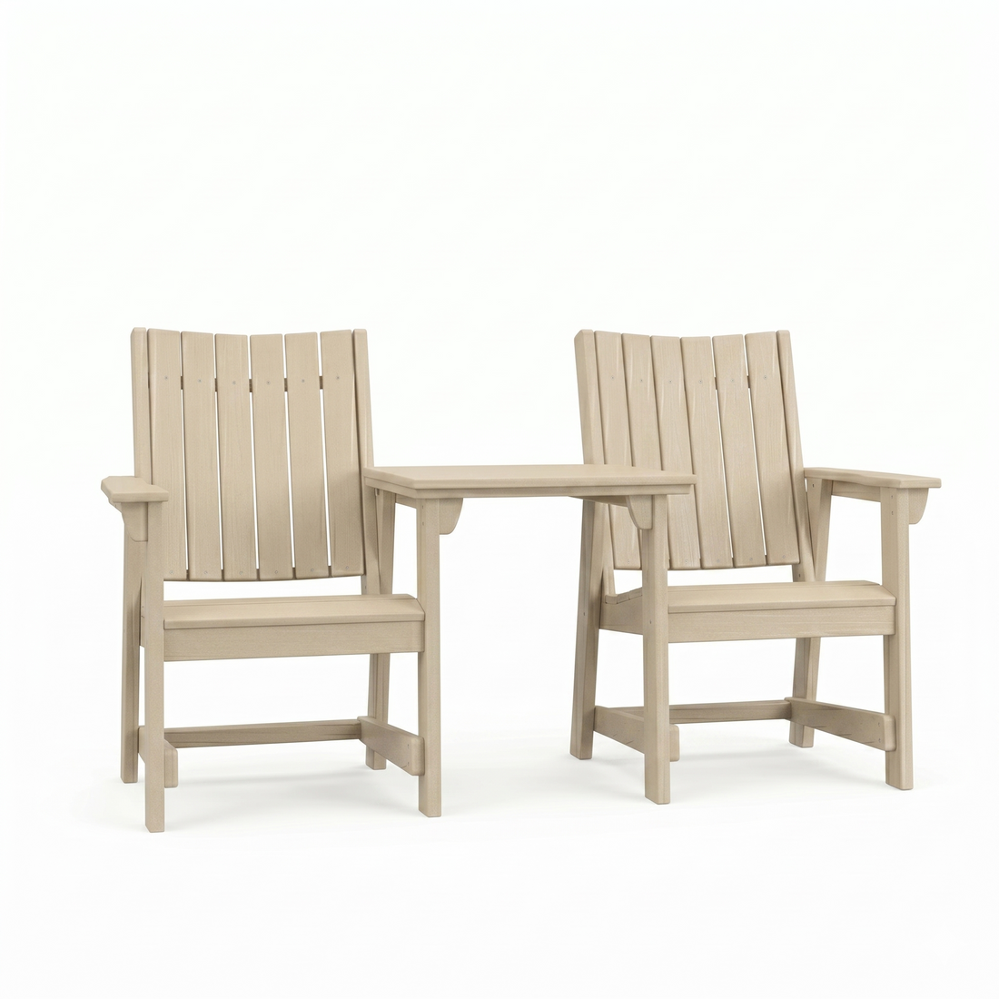 Two SoPoly Tybee Sand callaway dining chairs with a connector table attached on the armrests on a white background