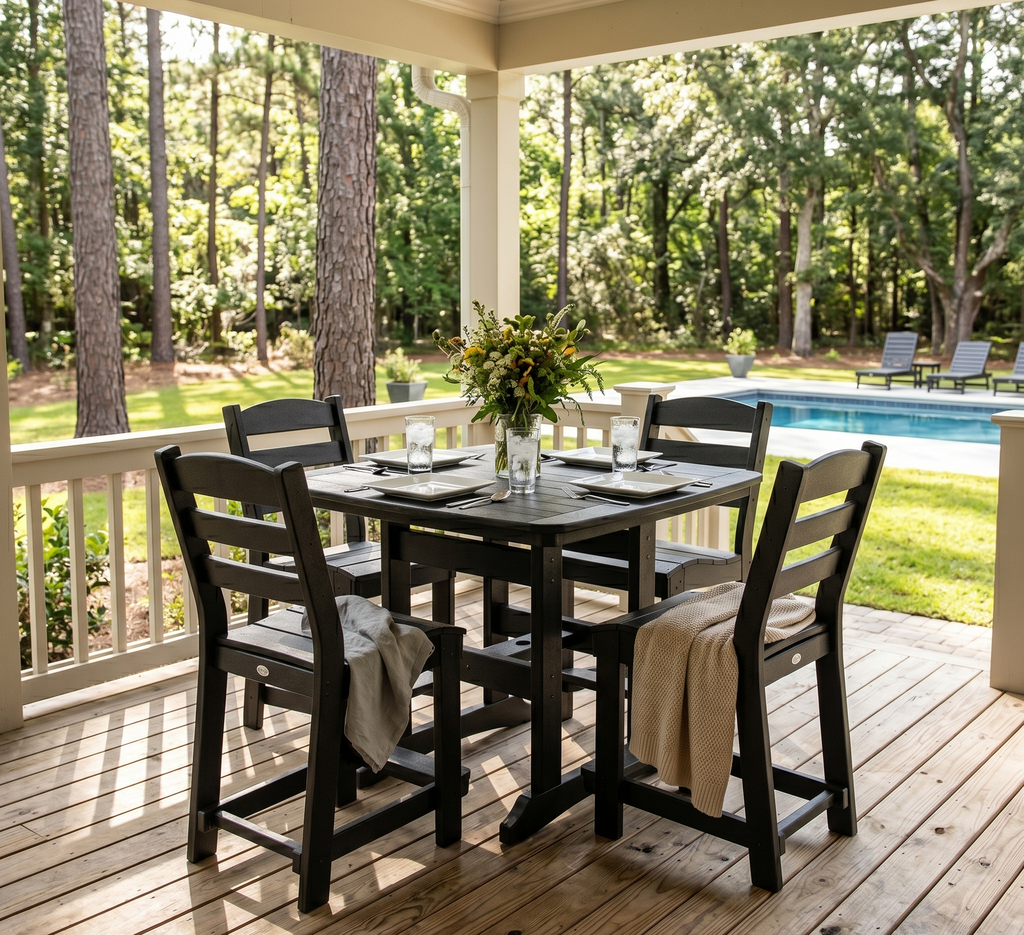Outdoor dining set on a wooden deck with a pool and trees in the background