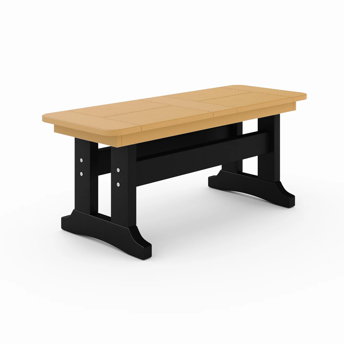 Outdoor poly lumber dining bench in dark beige with black trestle base, weather-resistant patio seating for backyard, porch, or garden
