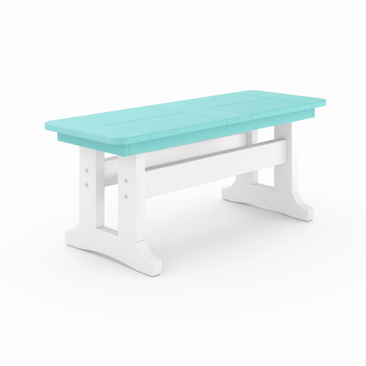 Outdoor poly lumber dining bench in teal with white trestle base, weather-resistant patio seating for backyard, porch, or garden