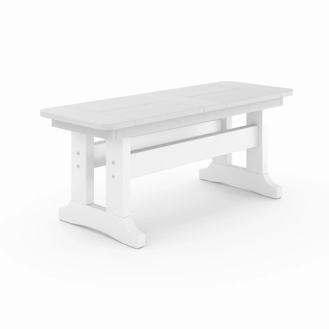 Outdoor poly lumber dining bench in dark grey with white trestle base, weather-resistant patio seating for backyard, porch, or garden