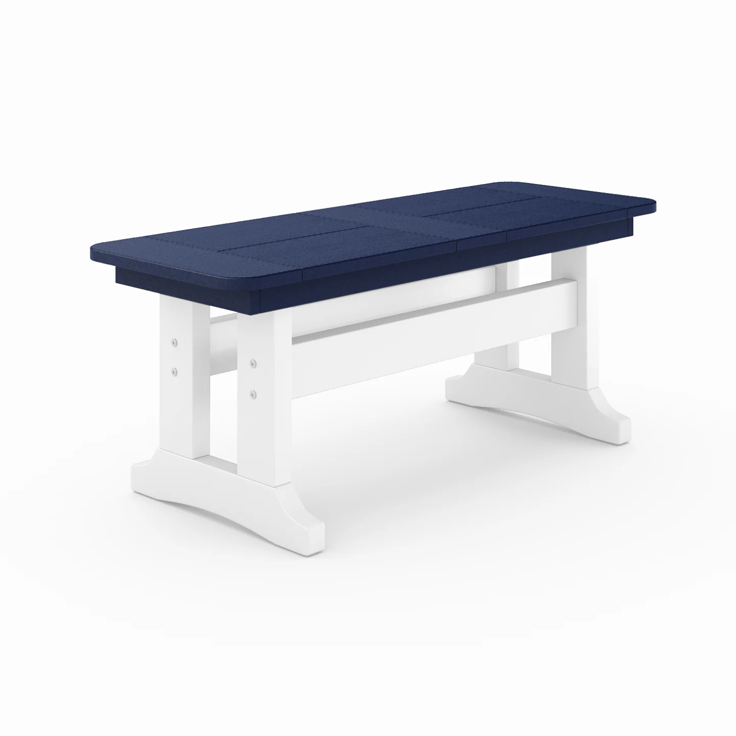 Outdoor poly lumber dining bench in navy with white trestle base, weather-resistant patio seating for backyard, porch, or garden