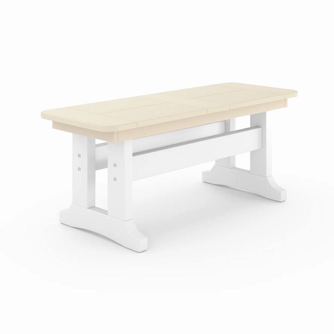 Outdoor poly lumber dining bench in beige with white trestle base, weather-resistant patio seating for backyard, porch, or garden