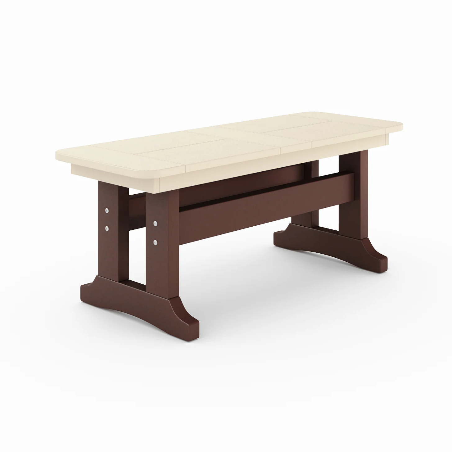 Outdoor poly lumber dining bench in beige with brown trestle base, weather-resistant patio seating for backyard, porch, or garden