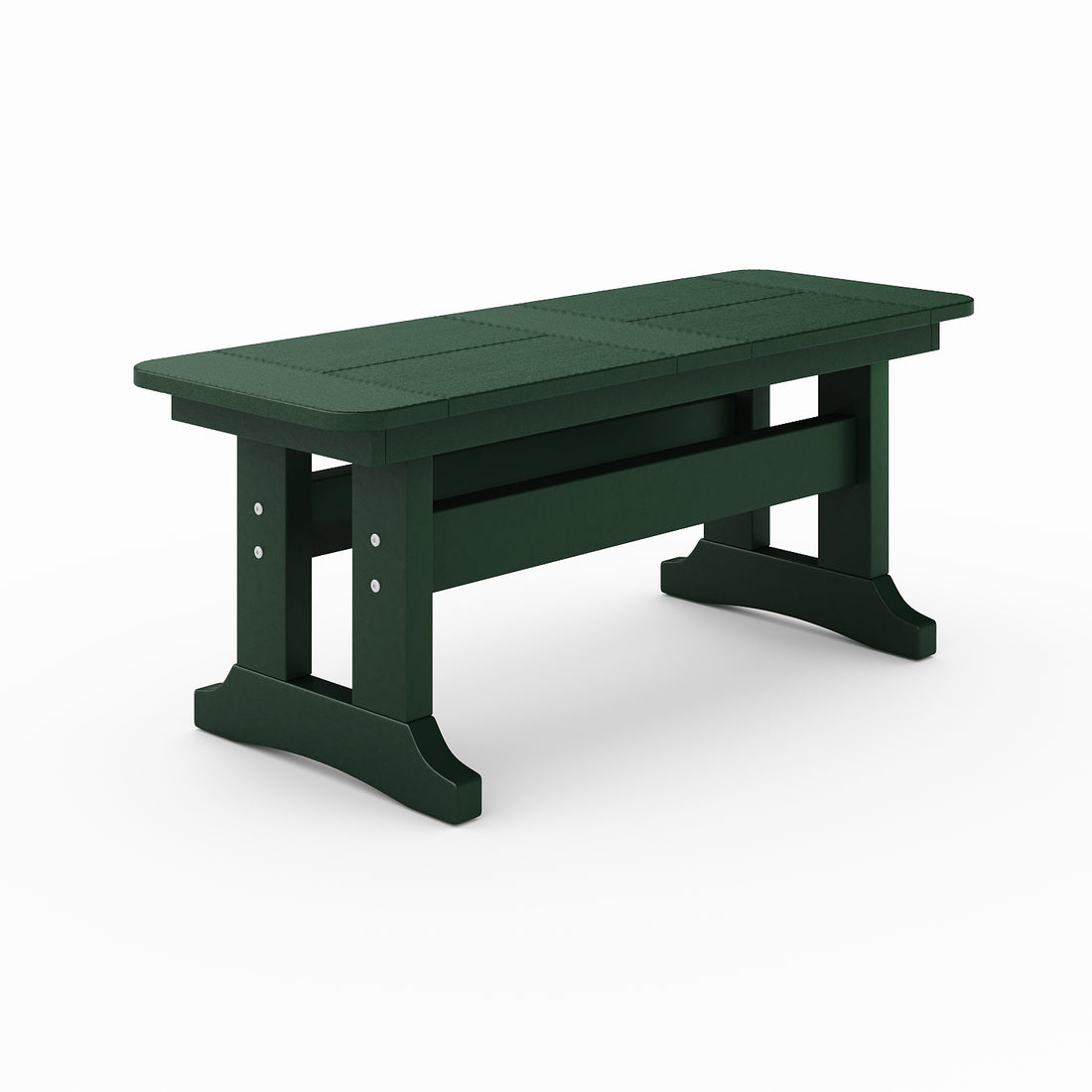 Outdoor poly lumber dining bench in dark green with trestle base, weather-resistant patio seating for backyard, porch, or garden