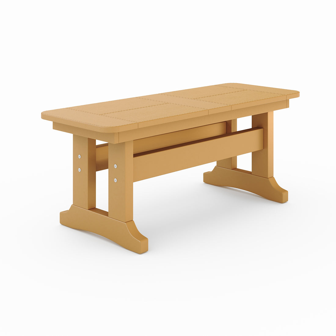 Outdoor poly lumber dining bench in dark beige with trestle base, weather-resistant patio seating for backyard, porch, or garden