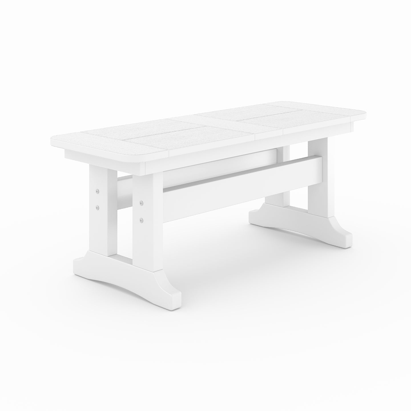 Outdoor poly lumber dining bench in white with trestle base, weather-resistant patio seating for backyard, porch, or garden