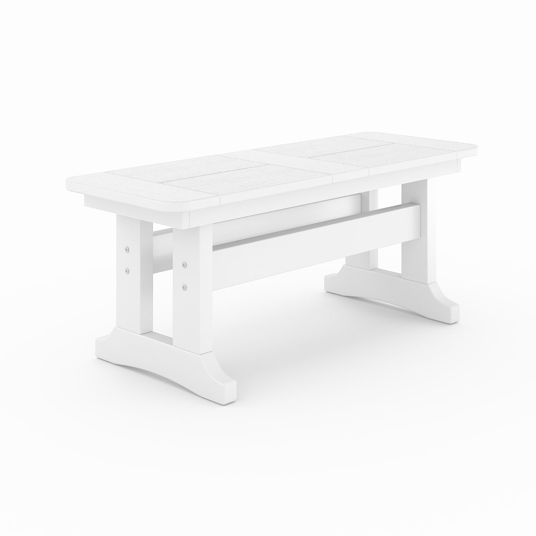 Outdoor poly lumber dining bench in white with trestle base, weather-resistant patio seating for backyard, porch, or garden