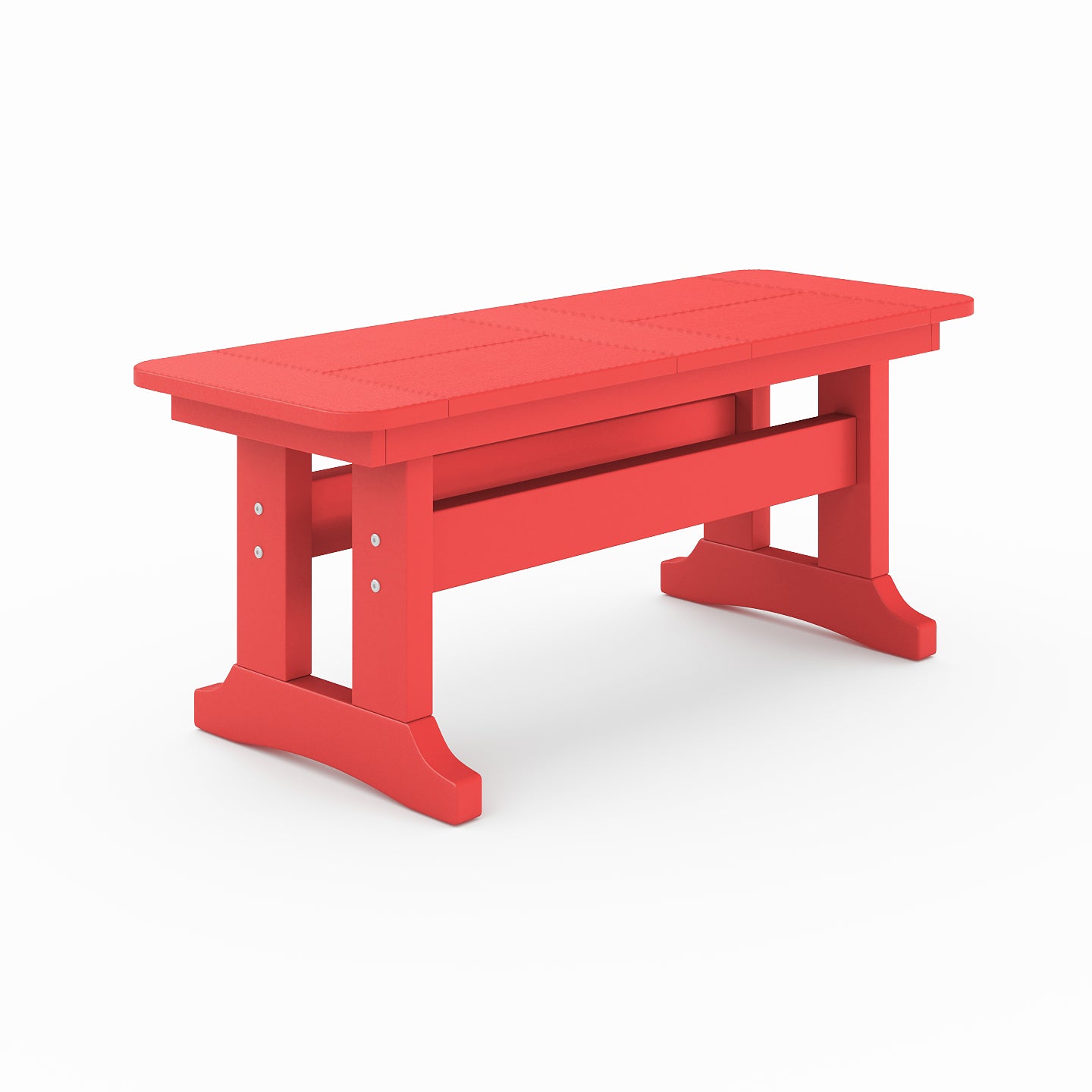 Outdoor poly lumber dining bench in red with trestle base, weather-resistant patio seating for backyard, porch, or garden
