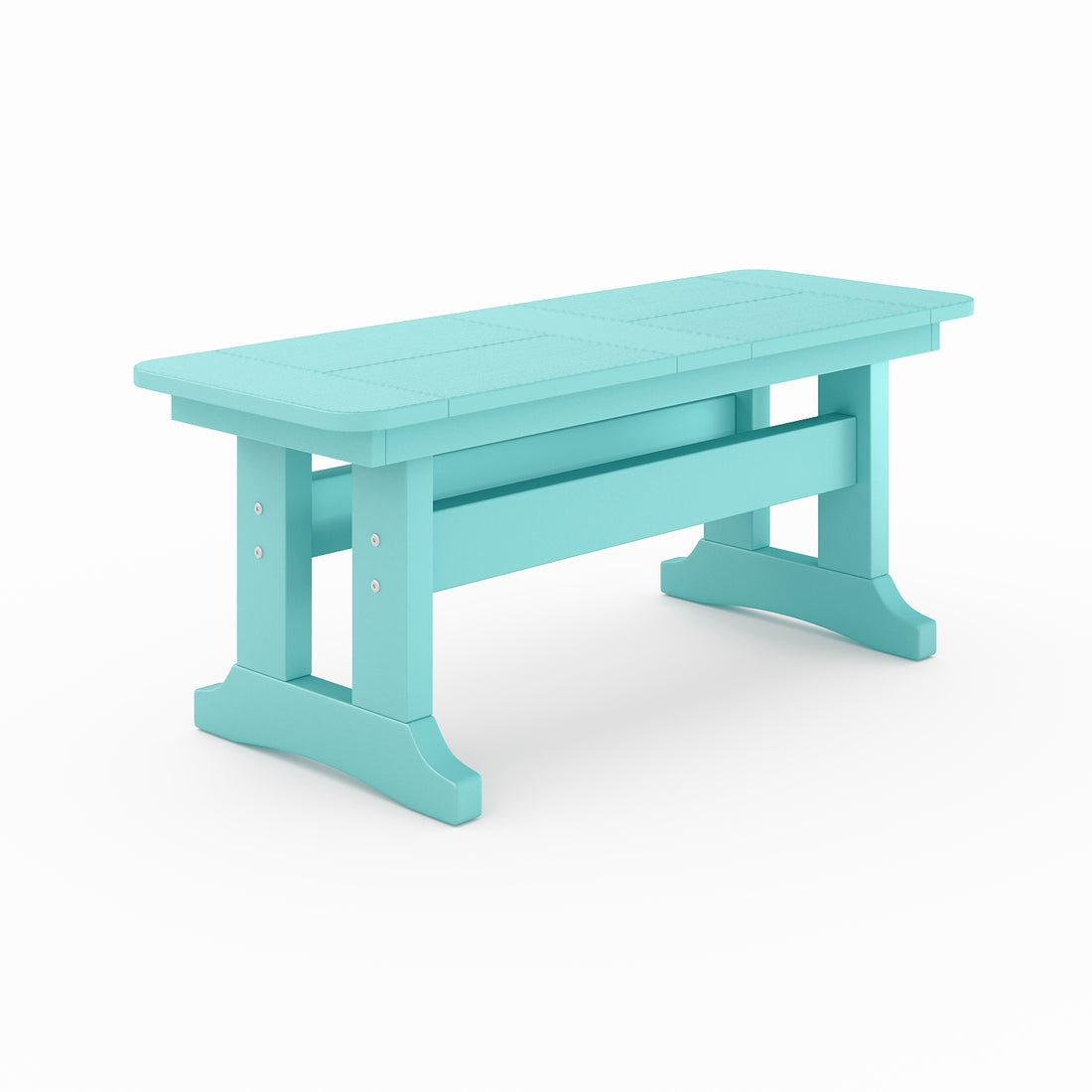 Outdoor poly lumber dining bench in teal with trestle base, weather-resistant patio seating for backyard, porch, or garden