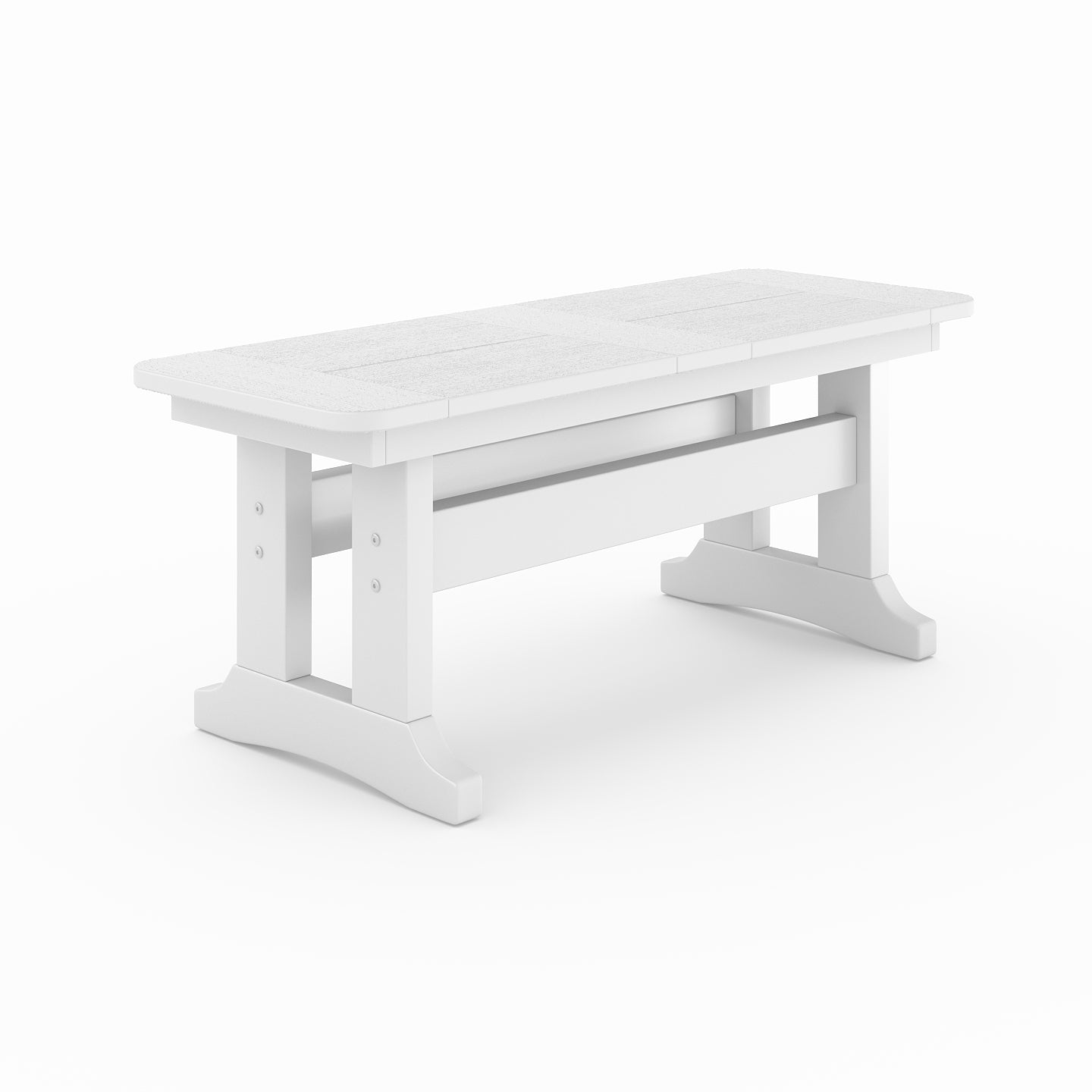 Outdoor poly lumber dining bench in light grey with trestle base, weather-resistant patio seating for backyard, porch, or garden