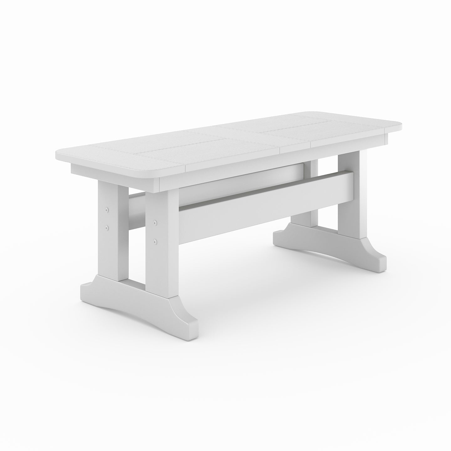 Outdoor poly lumber dining bench in dark grey with trestle base, weather-resistant patio seating for backyard, porch, or garden