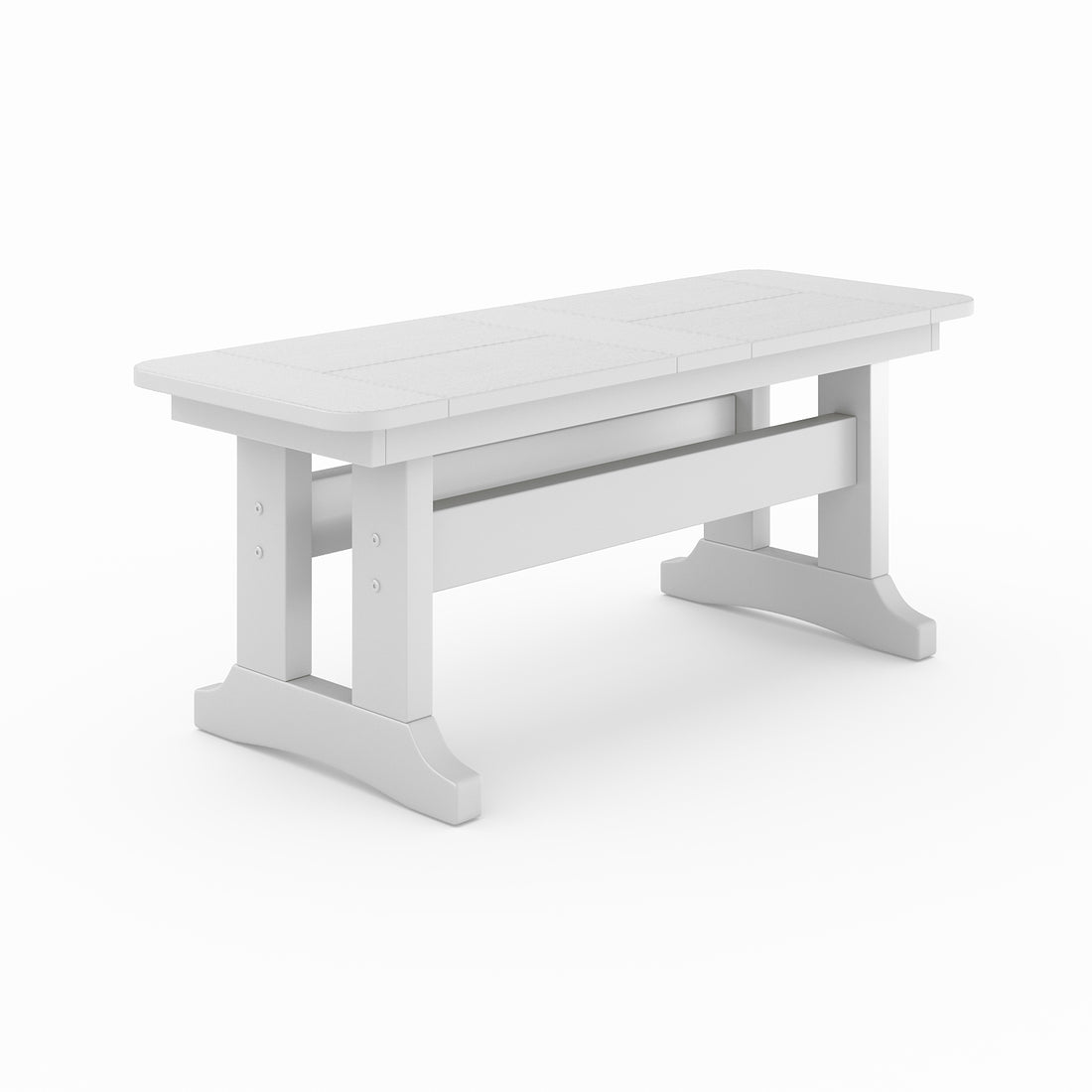 Outdoor poly lumber dining bench in dark grey with trestle base, weather-resistant patio seating for backyard, porch, or garden