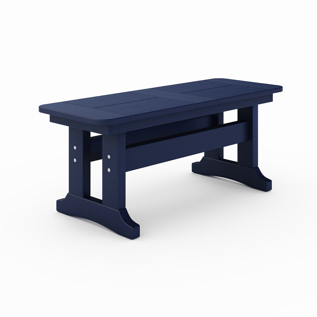 Outdoor poly lumber dining bench in navy with trestle base, weather-resistant patio seating for backyard, porch, or garden