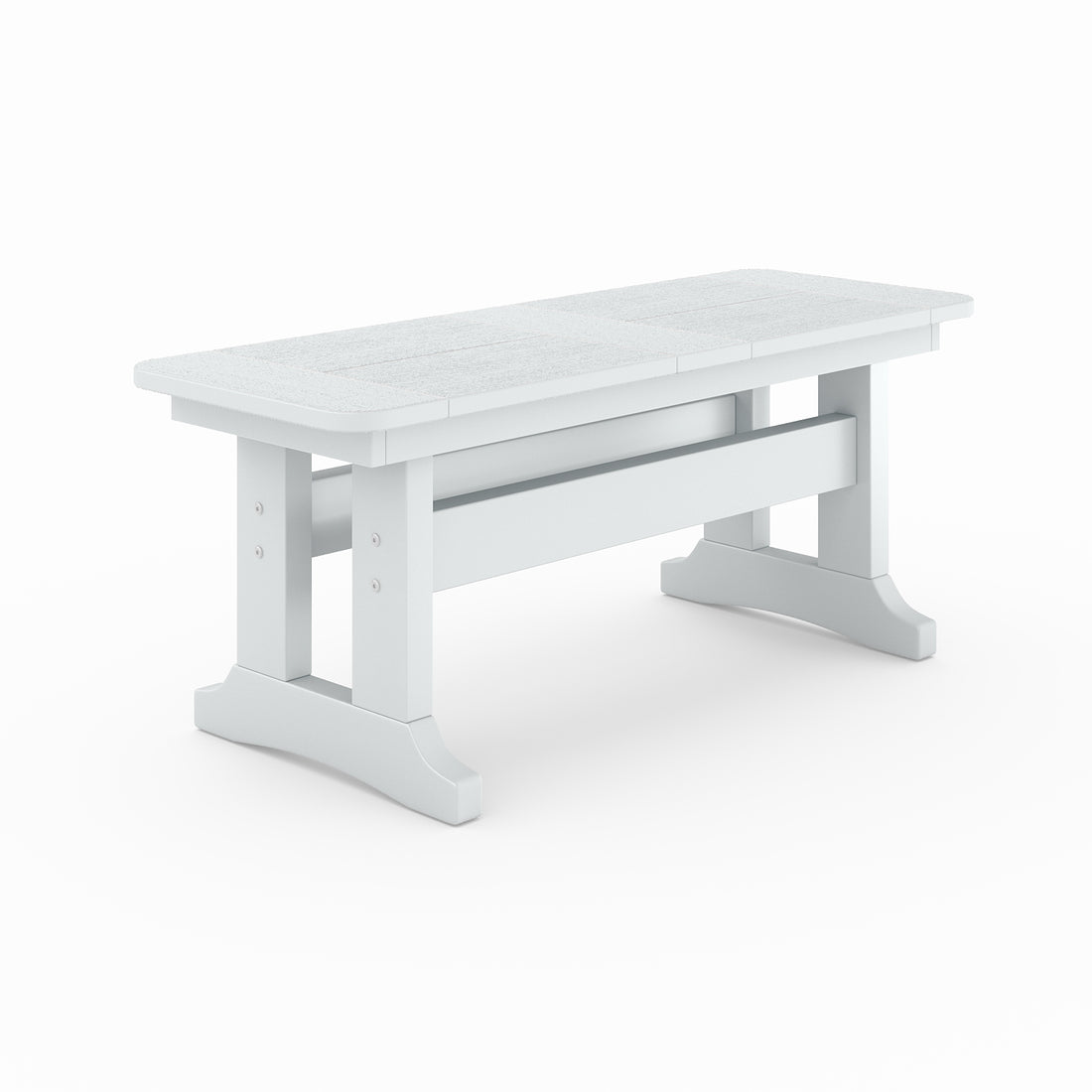 Outdoor poly lumber dining bench in bluish grey with trestle base, weather-resistant patio seating for backyard, porch, or garden