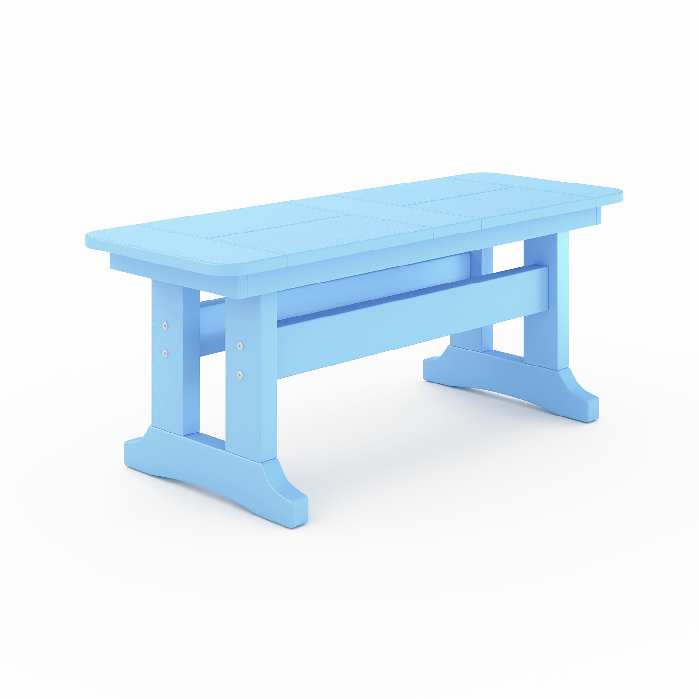 Outdoor poly lumber dining bench in light blue with trestle base, weather-resistant patio seating for backyard, porch, or garden