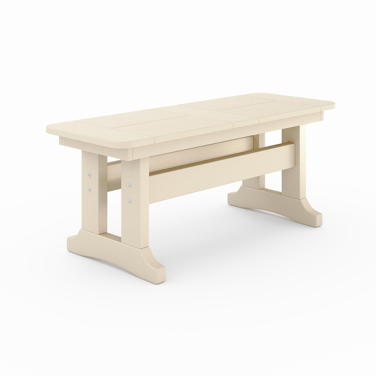 Outdoor poly lumber dining bench in beige with trestle base, weather-resistant patio seating for backyard, porch, or garden