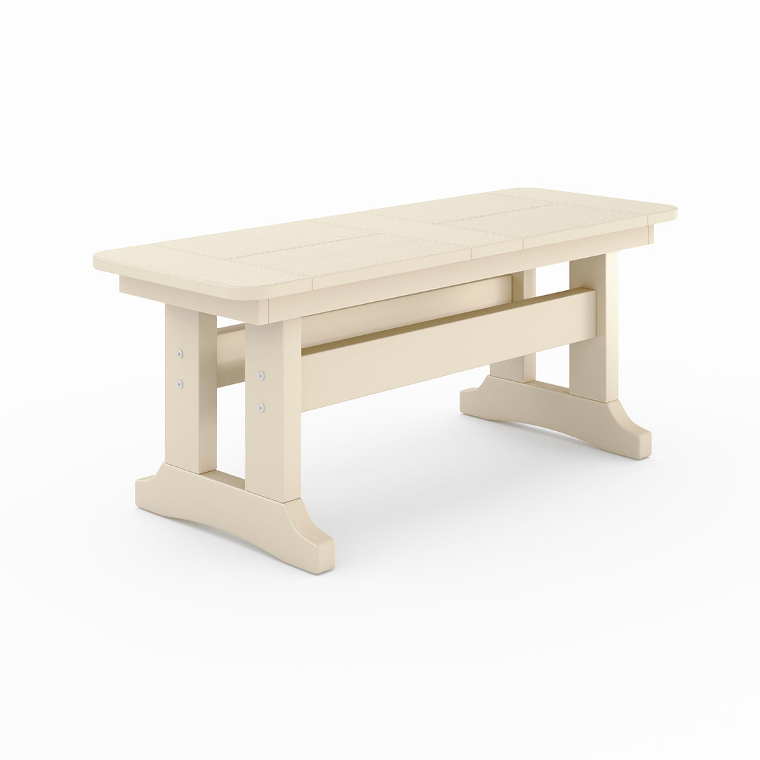 Outdoor poly lumber dining bench in beige with trestle base, weather-resistant patio seating for backyard, porch, or garden