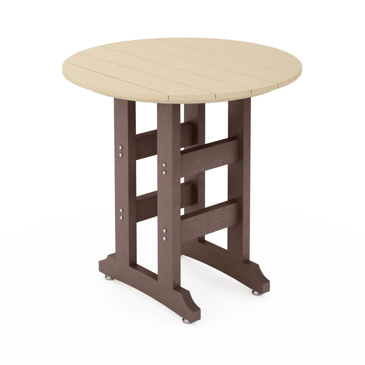 SoPoly 36" Round Pecan Brown/Tybee Sand outdoor table counter height on a white background