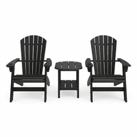 Two black Adirondack chairs and a matching side table on a white background